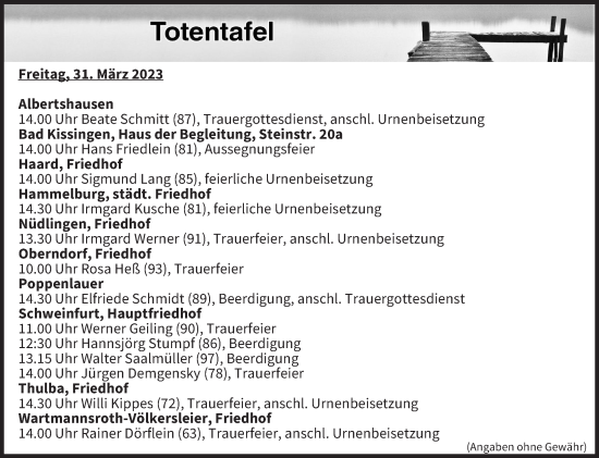Anzeige von Totentafel vom 31.03.2023 von MGO