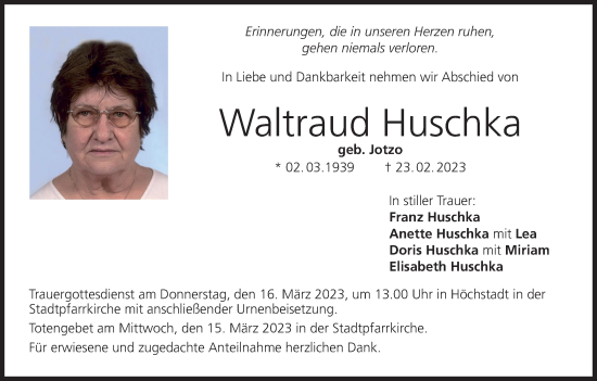 Anzeige von Waltraud Huschka von MGO