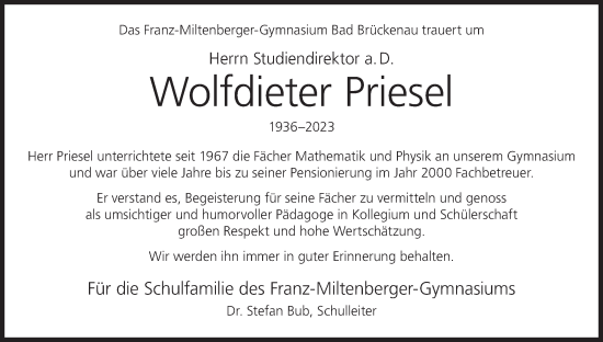 Anzeige von Wolfdieter Priesel von MGO