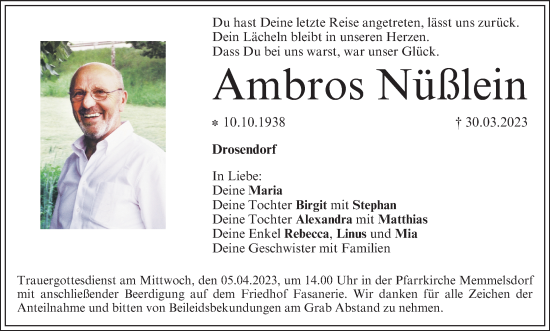 Anzeige von Ambros Nüßlein von MGO