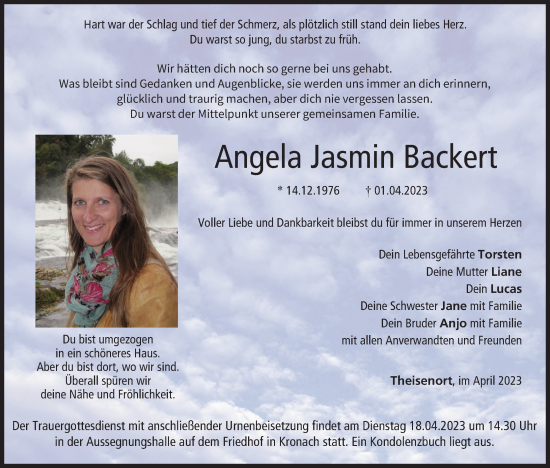 Anzeige von Angela Jasmin Backert von MGO