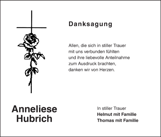 Anzeige von Anneliese Hubrich von MGO
