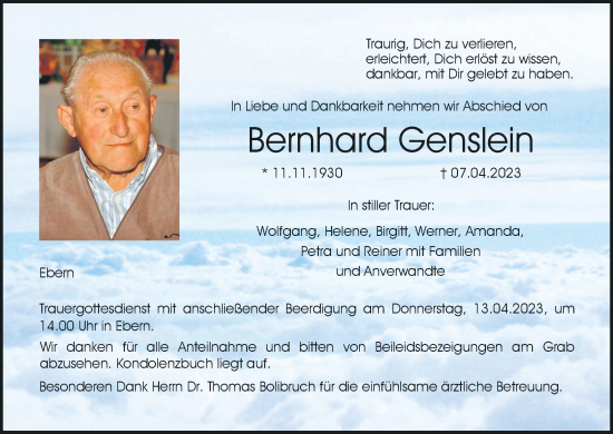 Anzeige von Bernhard Genslein von MGO