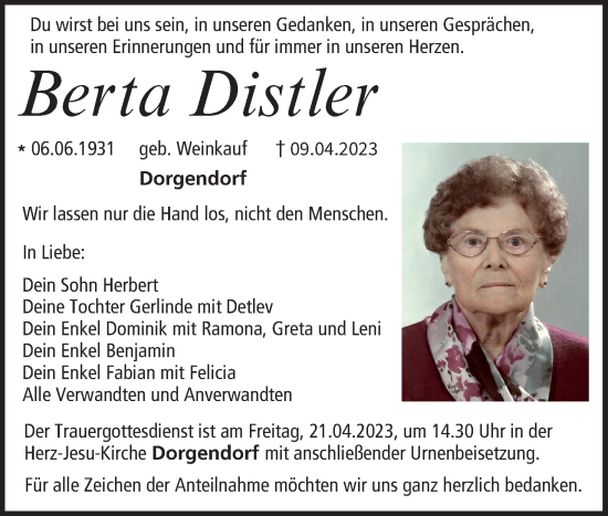 Anzeige von Berta Distler von MGO