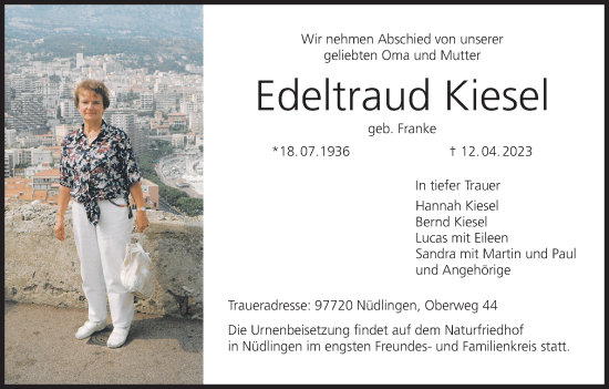 Anzeige von Edeltraud Kiesel von MGO