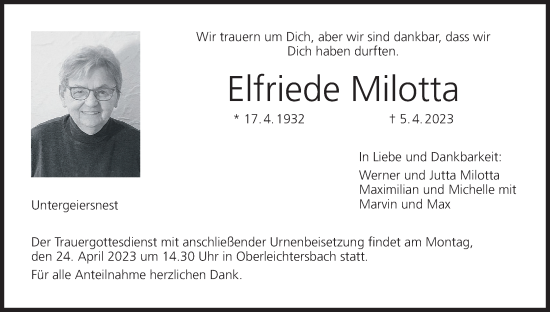 Anzeige von Elfriede Milotta von MGO