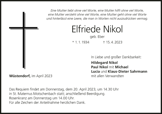 Anzeige von Elfriede Nikol von MGO