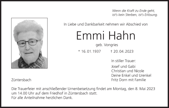 Anzeige von Emmi Hahn von MGO