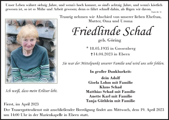 Anzeige von Friedlinde Schad von MGO