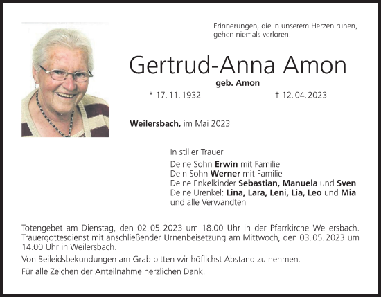 Anzeige von Gertrud-Anna Amon von MGO