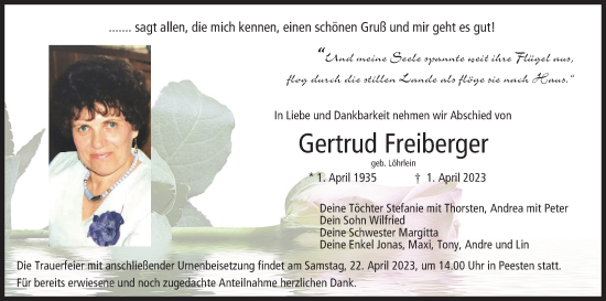 Anzeige von Gertrud Freiberger von MGO