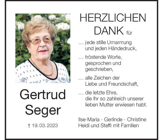Anzeige von Gertrud Seger von MGO