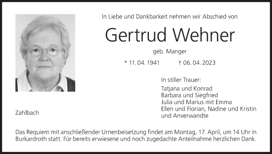 Anzeige von Gertrud Wehner von MGO