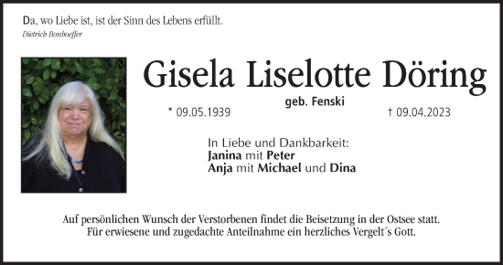 Anzeige von Gisela Liselotte Döring von MGO