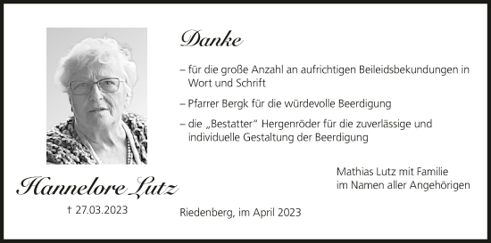 Anzeige von Hannelore Lutz von MGO