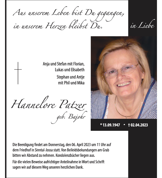 Anzeige von Hannelore Patzer von MGO