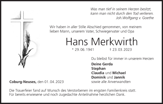 Anzeige von Hans Merkwirth von MGO