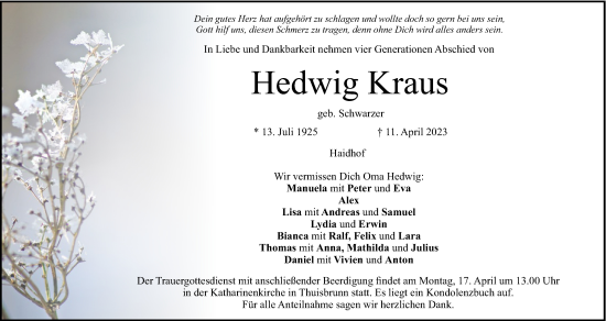 Anzeige von Hedwig Kraus von MGO