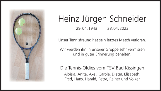 Anzeige von Heinz Jürgen Schneider von MGO