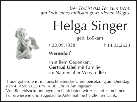 Anzeige von Helga Singer von MGO