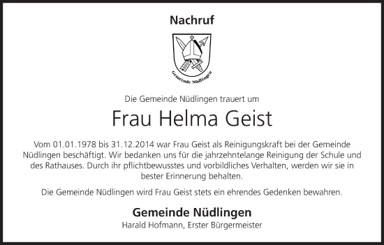 Anzeige von Helma Geist von MGO