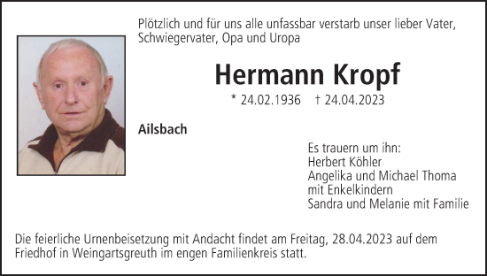 Anzeige von Hermann Kropf von MGO