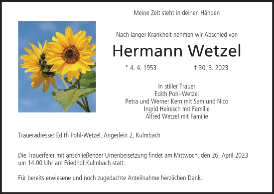 Anzeige von Hermann Wetzel von MGO