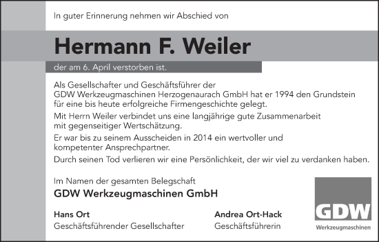 Anzeige von Hermann F. Weiler von MGO