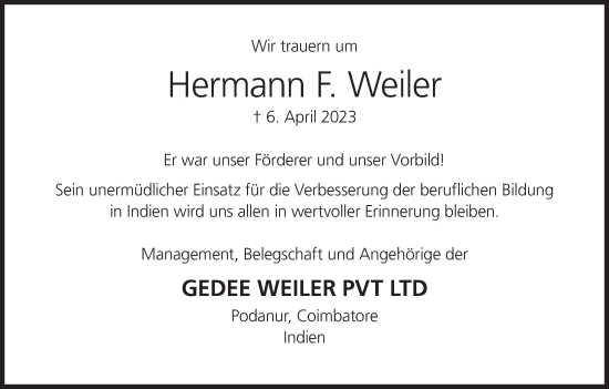 Anzeige von Hermann F. Weiler von MGO