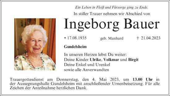 Anzeige von Ingeborg Bauer von MGO