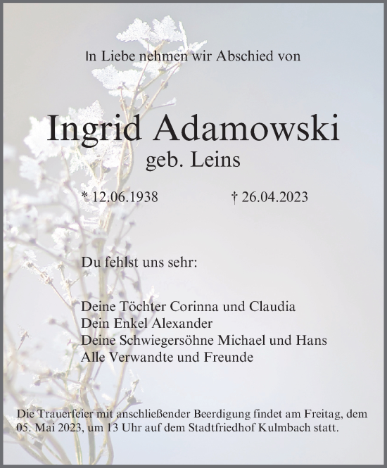 Anzeige von Ingrid Adamowski von MGO