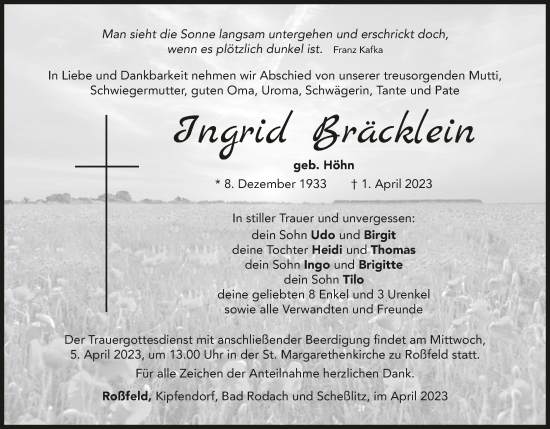 Anzeige von Ingrid Bräcklein von MGO