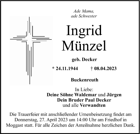 Anzeige von Ingrid Münzel von MGO