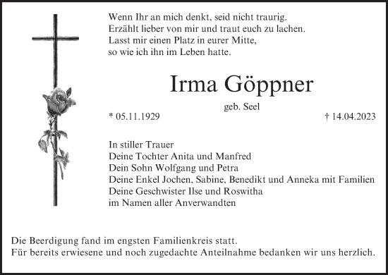 Anzeige von Irma Göppner von MGO