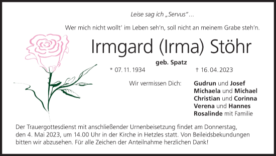 Anzeige von Irmgard Stöhr von MGO