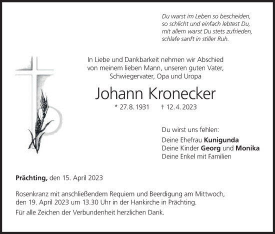 Anzeige von Johann Kronecker von MGO