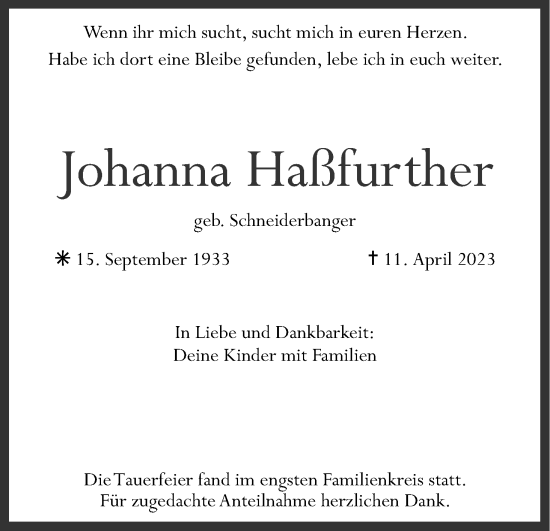 Anzeige von Johanna Haßfurther von MGO