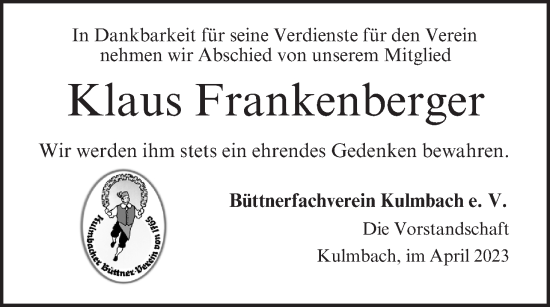 Anzeige von Klaus Frankenberger von MGO