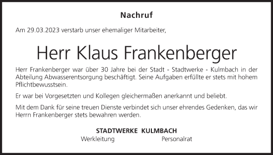 Anzeige von Klaus Frankenberger von MGO