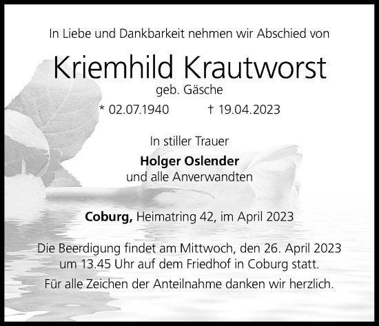 Anzeige von Kriemhild Krautworst von MGO
