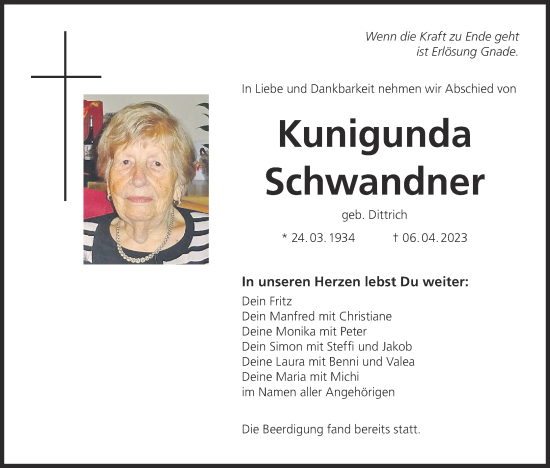 Anzeige von Kunigunda Schwandner von MGO