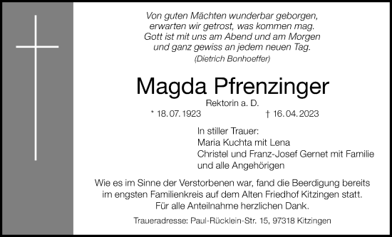 Anzeige von Magda Pfrenzinger von MGO