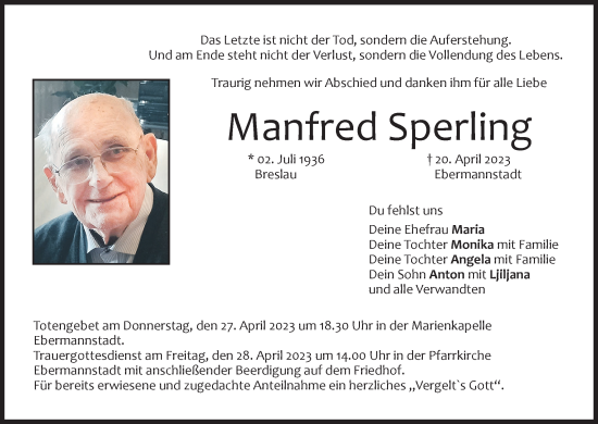 Anzeige von Manfred Sperling von MGO