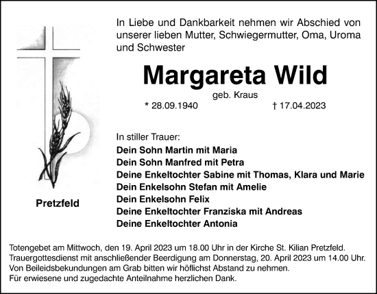 Anzeige von Margareta Wild von MGO