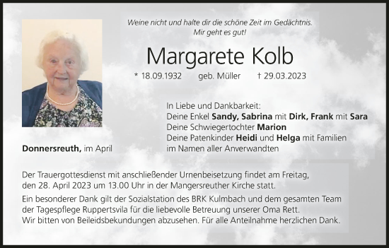 Anzeige von Margarete Kolb von MGO