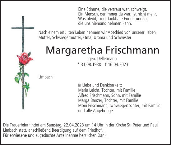Anzeige von Margaretha Frischmann von MGO