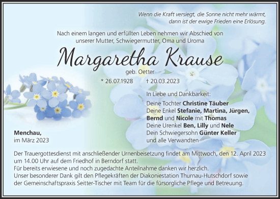 Anzeige von Margaretha Krause von MGO