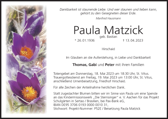 Anzeige von Paula Matzick von MGO