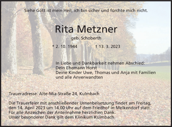 Anzeige von Rita Metzner von MGO