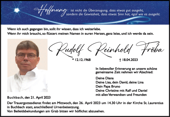 Anzeige von Rudolf Reinhold Fröba von MGO